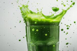 A vibrant green smoothie joyfully splashes, embodying lively movement and refreshing essence with rich textures, delightful flavors, and colorful, nutritious ingredients that nourish the body photo