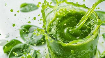A vibrant green smoothie splash that thoroughly captures the true essence of health and vitality, featuring a delightful combination of fresh greens and a burst of delicious flavor that invigorates photo