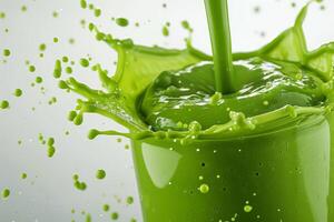 A captivating and dynamic image of a green smoothie splashing energetically, showcasing the essence of freshness and vitality. This vibrant visual is perfect for various health and wellness themes photo