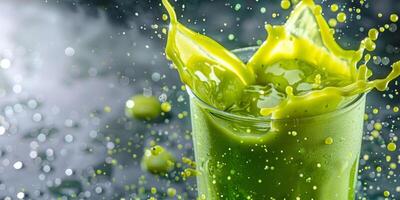 A vibrant splash of a green smoothie captures the amazing essence of freshness and optimal health. Bursting with vitality and flavor, this delicious drink energizes and rejuvenates your body and mind photo