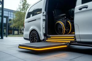 This modern minivan offers enhanced accessibility with a long ramp and spacious interior for easy wheelchair entry, ensuring comfort and convenience for all users, regardless of mobility needs photo