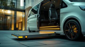 This wheelchairaccessible minivan features a practical ramp for easy entry and exit, ensuring comfort and mobility, ideal for navigating busy urban areas where accessibility is essential photo