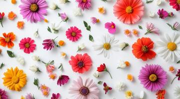 A vibrant and colorful display of assorted flowers creates a stunning visual masterpiece set against a white background photo