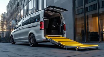 This modern minivan has a sturdy yellow ramp for easy wheelchair access, making it an excellent choice for those needing reliable mobility solutions to enhance daily activities and lifestyle photo