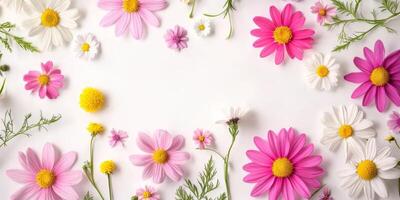 A beautiful arrangement of pink and white flowers frames an empty space, perfect for adding personalized cards or springthemed graphics that inspire creativity and artistic expression photo
