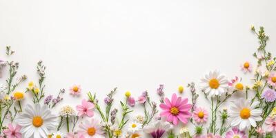 This is a beautifully crafted arrangement of colorful flowers that creates a stunning border, making it perfect for various uses such as invitations, backgrounds, or even springthemed projects photo