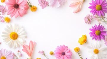 A charming and delightful arrangement of colorful flowers creates an enchanting border on a pristine white background, making it suitable for a wide range of design projects and artistic endeavors photo