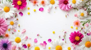 This vibrant arrangement of diverse flowers creates a lovely frame with ample blank space for text or images, perfect for invitations or announcements and enhancing the overall presentation photo