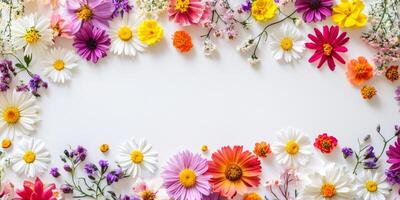 A colorful border of cheerful daisies, lovely flowers, and fragrant lavender beautifully frames a blank space, ideal for showcasing text or images, drawing attention and delighting viewers photo