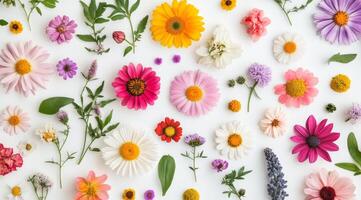 A cheerful arrangement of colorful flowers and leaves artfully displayed on a pristine white background photo