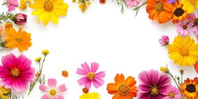A beautifully crafted arrangement of vibrant and colorful flowers in a variety of hues, creating a stunning visual frame with plenty of ample copy space for text or design elements to be added photo