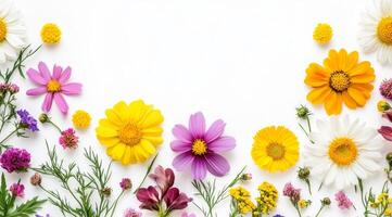 A wonderfully cheerful and vibrant array of colorful flowers, arranged beautifully in a delightful manner, providing ample copy space for creativity and artistic expression to flourish and inspire photo