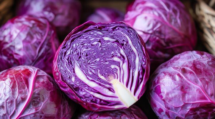 The vibrant purple cabbage showcases its rich color and unique texture in a charming display that attracts attention