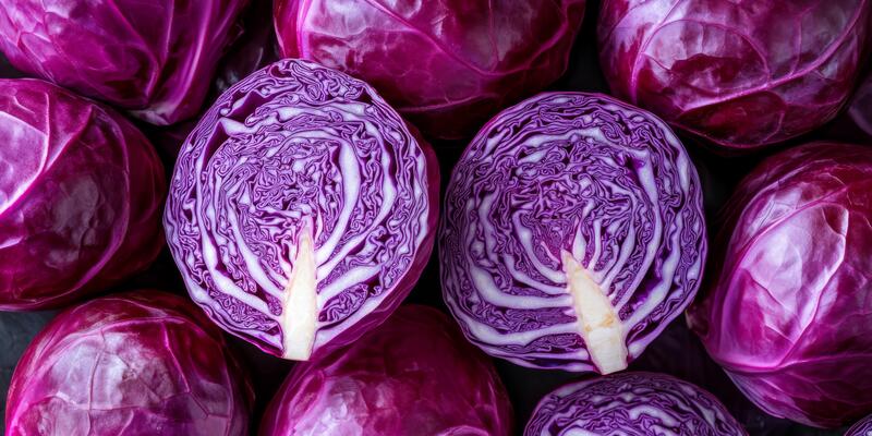 Fresh purple cabbage is showcasing its vibrant color and unique texture, making it perfect for various healthy recipes