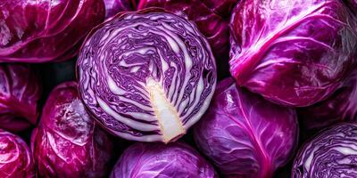 A vibrant and colorful array of deep red cabbages proudly showcasing their rich textures and beautiful hues photo