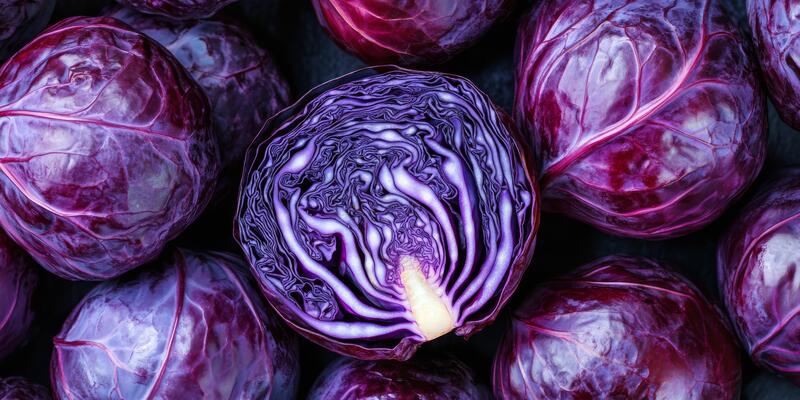 Vibrant, rich purple cabbages displaying their intricate textures and stunning colors in a closeup view