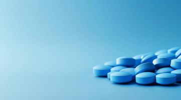 A vibrant and eyecatching display of various blue pills set against a soothing blue background creates a serene visual experience that invites relaxation, peace, and tranquility for all viewers photo