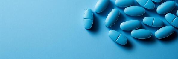 A collection of blue pills is displayed on a smooth blue surface, providing space for additional informative text, ideal for medical or pharmaceutical content to educate viewers effectively photo
