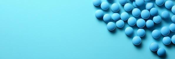 A vibrant collection of blue pills scattered on a smooth blue background creates a serene, bold visual effect, ideal for health and wellness themes, emphasizing medication and treatment options photo