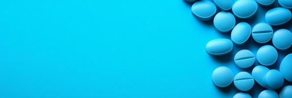 A cluster of blue pills beautifully arranged against a vibrant, eyecatching background, providing ample space for additional text or extra information that may be needed or desired photo