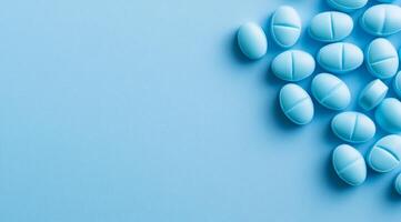 A visually appealing collection of blue pills is scattered across a soft blue background, creating a lovely aesthetic view that provides ample space for your text or creative designs to flourish photo