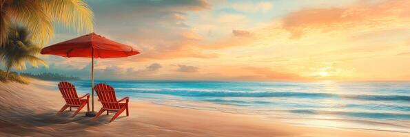 A serene and tranquil beach scene featuring colorful red chairs and a large umbrella, all set against a stunning sunset photo