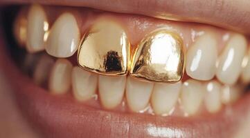 A detailed closeup view of a mouth adorned with stunning gold grillz set against a backdrop of gleaming white teeth photo