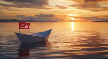 A serene paper boat gracefully sailing toward the distant horizon, symbolizing dreams and aspirations for the year 2025 photo