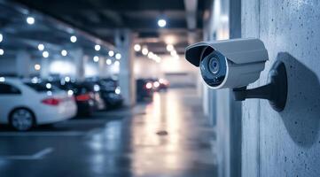 An advanced IP security camera monitors a welllit parking area, ensuring safety for vehicles and people with thorough, uninterrupted surveillance using the latest market technology photo