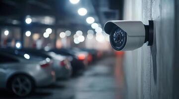 A highdefinition IP security camera is strategically mounted in a dimly lit parking garage, delivering continuous surveillance and monitoring for vehicles parked nearby at any hour, ensuring safety photo