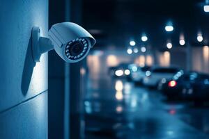 A modern IP security camera is strategically mounted in a parking lot, significantly enhancing surveillance and safety measures, particularly during lowlight conditions and nighttime hours photo