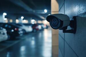 A sophisticated, hightech IP security camera is strategically mounted in a welllit parking structure, ensuring optimal safety and providing effective surveillance of all parked cars in the area photo