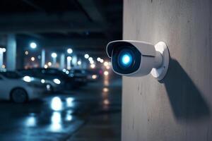 A contemporary IP security camera is strategically mounted in a dimly lit parking garage, providing essential surveillance and safety for both vehicles and pedestrians in that area photo