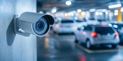 A contemporary IP security camera is actively monitoring vehicles within a parking garage, significantly improving the level of safety and surveillance provided in the area for all users photo