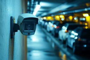 A hightech IP security camera continuously monitors vehicles in a welllit parking garage, ensuring an enhanced level of safety and surveillance to deter any potential threats or incidents photo