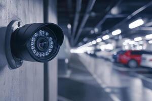 A sleek and ultramodern IP security camera is strategically positioned in a parking garage, effectively ensuring safety and thorough surveillance in a welllit environment for all who enter photo