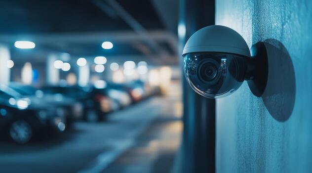 A sleek, hightech IP security camera efficiently monitors a welllit parking garage, ensuring the safety and realtime surveillance of the area using advanced modern technology available today photo