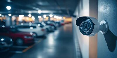 A modern and advanced IP security camera is strategically positioned in a parking garage, effectively ensuring safety and providing constant surveillance in a welllit environment for added security photo