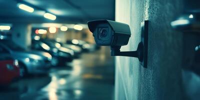 This image features a sleek, hightech IP security camera installed in a spacious, illuminated parking garage, ensuring safety and surveillance photo