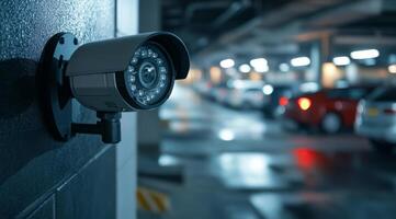 A hightech IP security camera in a parking garage ensures comprehensive surveillance and safety for vehicles, making it ideal for modern security solutions needing advanced technology photo