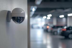 An advanced IP security camera installed in a bustling parking lot significantly enhances the quality of surveillance, ensuring the utmost safety of vehicles and pedestrians in the surrounding area photo