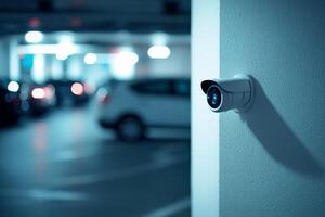 A contemporary IP security camera has been expertly installed in a parking garage setting, providing essential safety measures and effective surveillance for the entire area to enhance security photo