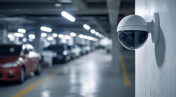 A stateoftheart hightech IP security camera has been expertly installed in a parking garage, actively monitoring the area to provide enhanced safety and improve surveillance capabilities photo