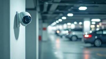 A sleek and advanced IP security camera effectively captures the essence of modern parking facility security, ensuring the utmost safety and protection for both vehicles and individuals alike photo