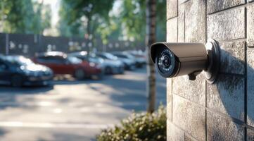 A cuttingedge modern IP security camera has been strategically positioned within a parking lot area, ensuring the highest level of safety and efficiently monitoring vehicles and their activities photo