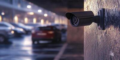 Discover the highly advanced IP security camera meticulously installed in the parking area, ensuring the utmost safety and constant surveillance for vehicles in a welllit, secure environment photo
