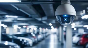 The advanced IP security camera system is designed for monitoring vehicles efficiently within a modern parking structure, ensuring enhanced safety and surveillance for all users of the facility photo