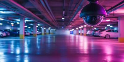 A sophisticated IP security camera system is installed to monitor a busy parking garage, ensuring 247 surveillance for vehicles in urban areas and enhancing safety for day and night activities photo