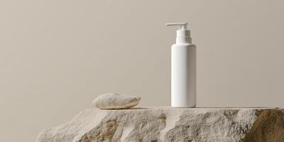 This stylish and elegant white pump bottle mockup is beautifully complemented by a natural stone background, making it an ideal choice for showcasing lotion or beverage presentations effectively photo