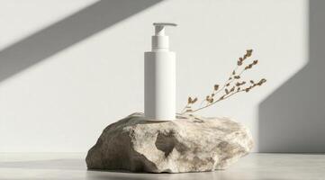 This mockup features a stylish white pump bottle on a rock, ideal for showcasing lotions, beverages, or skincare. The minimalist background enhances its aesthetic, perfect for branding and promotions photo